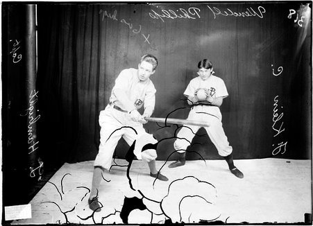 Indoor baseball players, G. Hambright and F. Klein, Wendell Phillips, with Hambright holding bat and Klein holding ball - Chicago Daily News, Inc.
