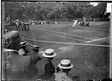 Tennis, players during a match, officials and spectators visible, Aztec Tennis Club - Chicago Daily News, Inc.