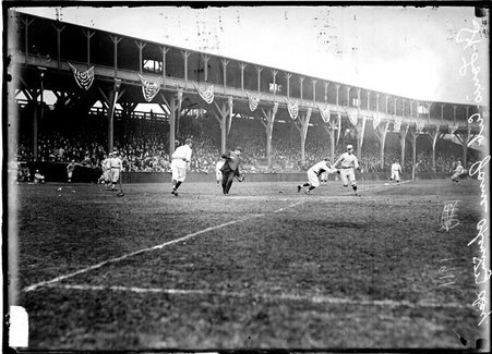 St. Louis vs. Chicago Cubs, opening day, baseball player running toward home base at West Side Grounds - Chicago Daily News, Inc.