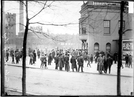 Chicago Cubs baseball team opening day of 1911 season, fans standing outside ticket booths at West Side Grounds - Chicago Daily News, Inc.