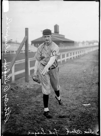 Baseball player, Dave Black, Chicago Whales, posing in throwing stance by a racetrack fence - Chicago Daily News, Inc.