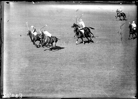 Polo, East-West match, four players, with their mallets raised, riding toward the ball - Chicago Daily News, Inc.