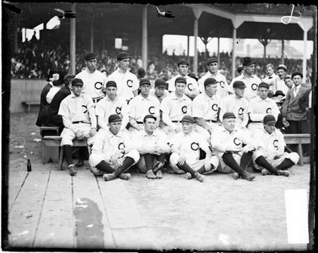 Members of the Chicago Cubs baseball team posing in foul territory on the field at West Side Grounds - Chicago Daily News, Inc.