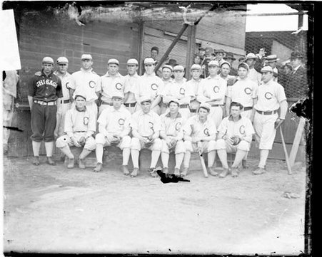 Chicago Cubs baseball players posing by the outfield clubhouse at West Side Grounds - Chicago Daily News, Inc.