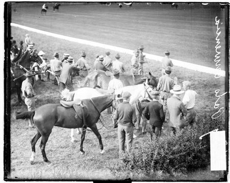 Spectators and horses standing on the sidelines of a polo field at Onwentsia Club - Chicago Daily News, Inc.