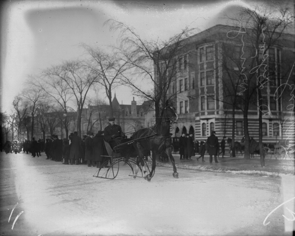 Racehorse Alfonz harnessed to a carriage sled, trotting on a snow-covered street, Driver D. Dyson is sitting in the carriage - Chicago Daily News, Inc.