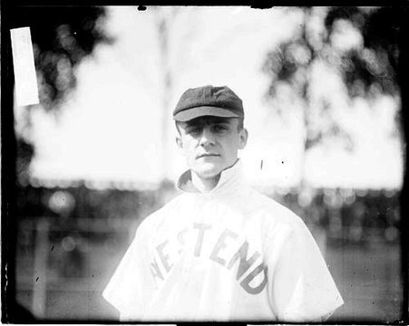 Baseball player Hilgendorf, West End baseball team, standing outdoors - Chicago Daily News, Inc.