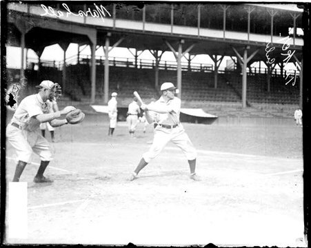 Baseball player W. R. Marshall, Chicago Cubs, holding a baseball bat, standing in a batting stance - Chicago Daily News, Inc.