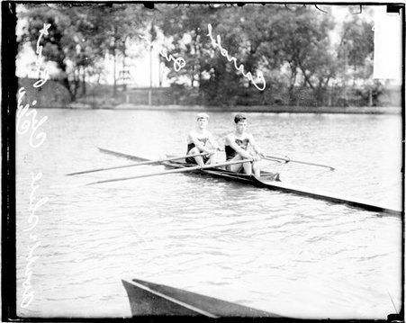 Rower Lee Carroll of the Chicago Rowing Club, and an unidentified rower sitting in a canoe - Chicago Daily News, Inc.