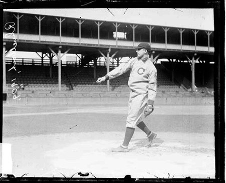 Baseball player Rhuelbach, Chicago Cubs, following through after throwing a baseball - Chicago Daily News, Inc.