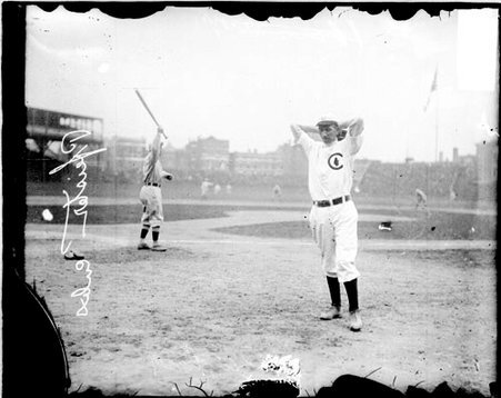 Pitcher Pfeister, Chicago Cubs, winding up to throw a baseball at West Side Grounds - Chicago Daily News, Inc.