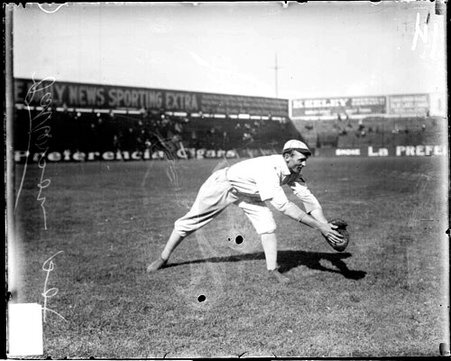 Baseball player Patterson, Chicago White Sox, leaning to his left in a fielding position at South Side Park - Chicago Daily News, Inc.