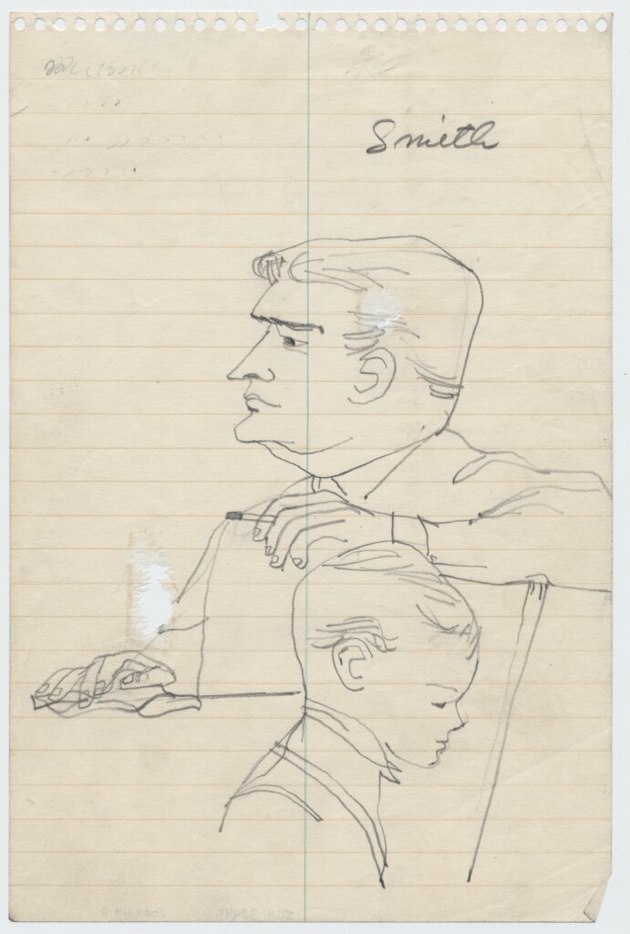 Drawing by Franklin McMahon of Robert Smith III and the prosecutor at Emmett Till trial. - McMahon, Franklin