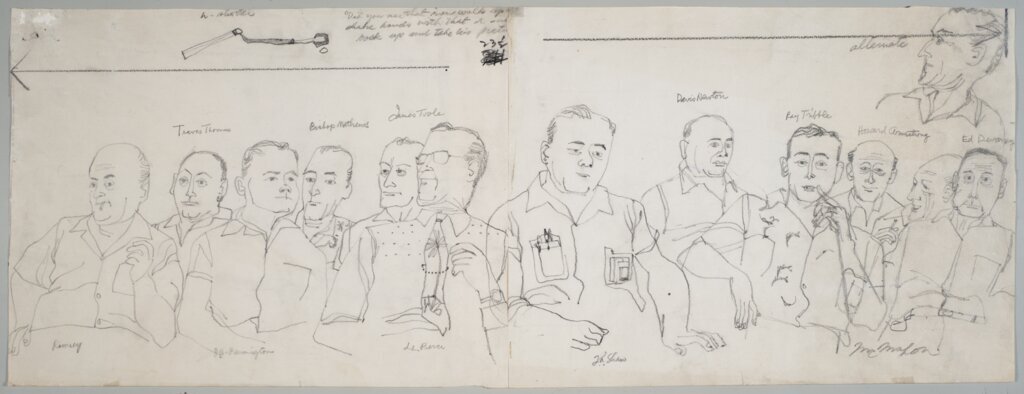 Drawing by Franklin McMahon of 12 jurors and an alternate juror at Emmett Till trial. - McMahon, Franklin