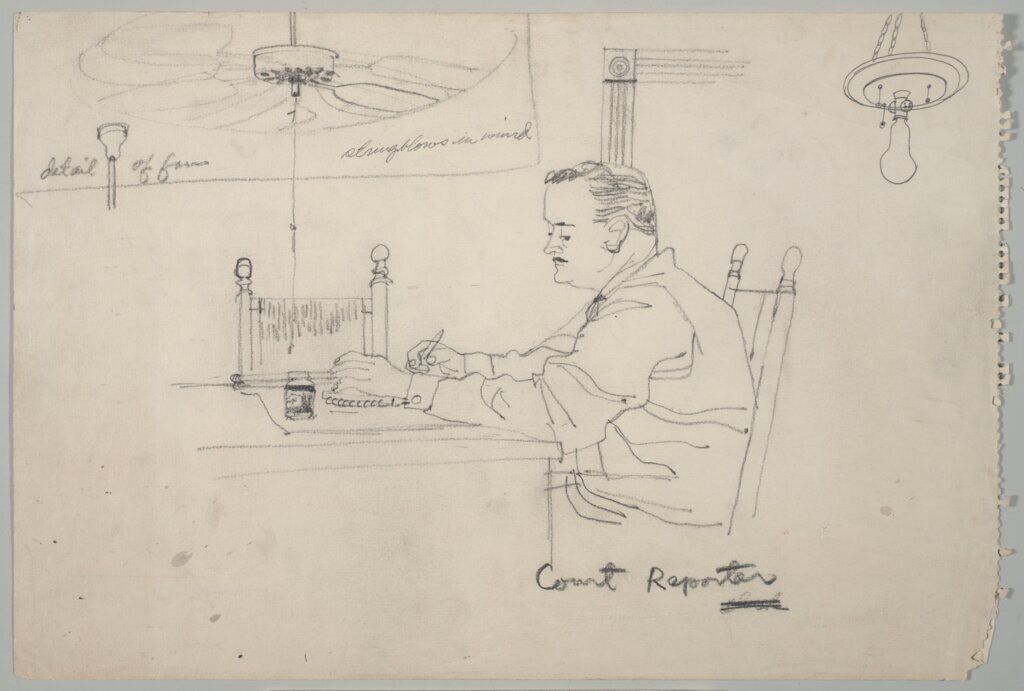 Drawing by Franklin McMahon of a court reporter at Emmett Till trial. - McMahon, Franklin