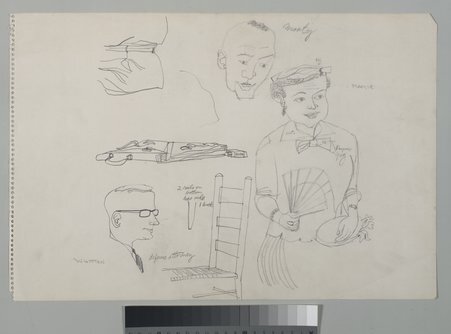 Drawing by Franklin McMahon of Mamie Bradley and heads of two men at Emmett Till trial. - McMahon, Franklin