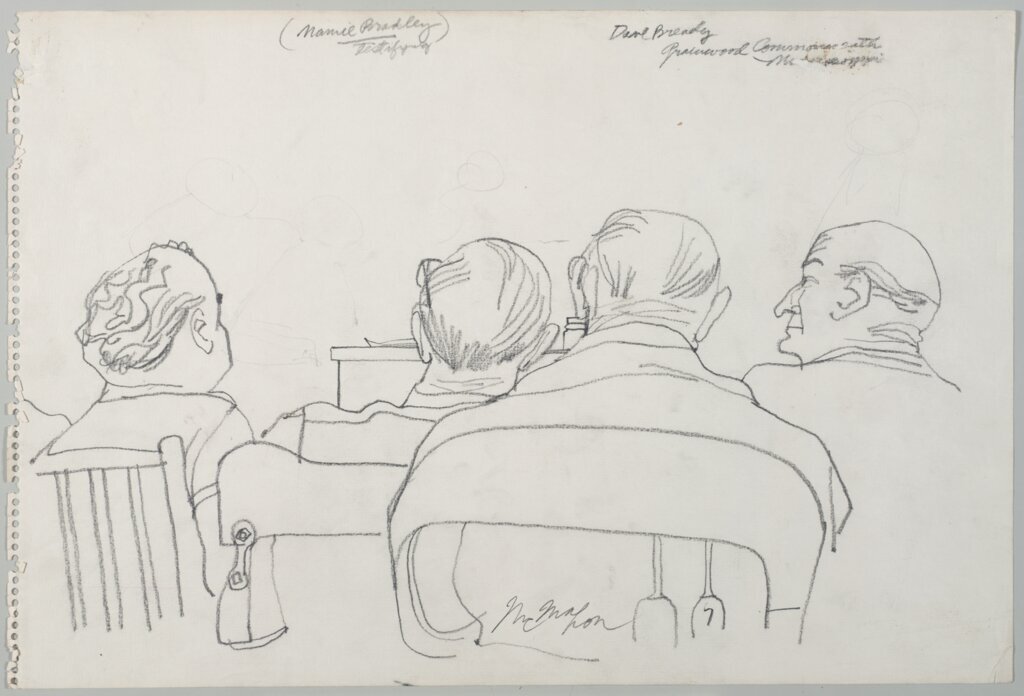 Drawing by Franklin McMahon of four jurors at Emmett Till trial. - McMahon, Franklin