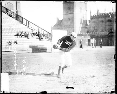 University of Chicago baseball player Clarence Freeman standing at first base on a baseball field at Marshall Field - Chicago Daily News, Inc.