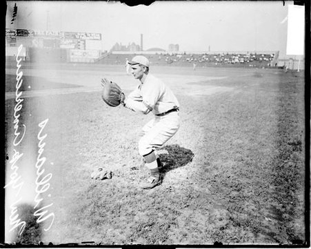 Baseball player Williams, New York Highlanders, holding his hands in front of him to catch a baseball at Comiskey Park - Chicago Daily News, Inc.