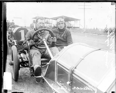 Automobile driver, Hughes and mechanic Pullen sitting in a Mercer automobile on the side of a road during an Elgin automobile race - Chicago Daily News, Inc.