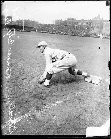 Kansas City Federal League baseball player, Stovall, standing in a fielding position at first base at Weeghman Park - Chicago Daily News, Inc.
