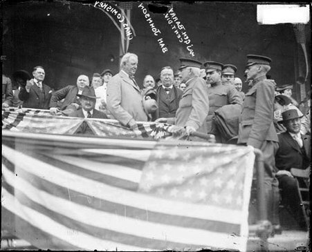 Baseball, Charles A. Comiskey standing with U. S. Army Major General Barry Johnson on steps in grandstands at Comiskey Park - Chicago Daily News, Inc.