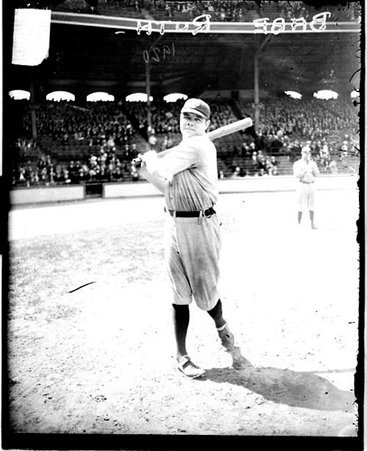 Baseball player, Babe Ruth, Yankees, holding a baseball bat over his shoulder after swinging, at Comiskey Park - Chicago Daily News, Inc.