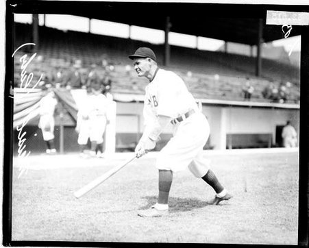 Baseball player, Maisel, Cubs, standing in a batting stance on the field at Weeghman Field - Chicago Daily News, Inc.