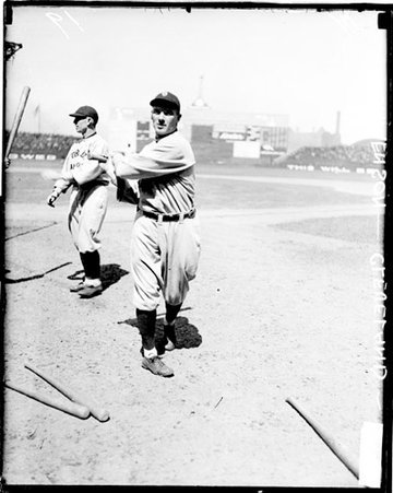 Baseball player, Jamenson, Cleveland Indians, following through after swinging a baseball bat at Comiskey Park - Chicago Daily News, Inc.