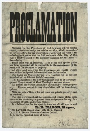 Proclamation regarding the Chicago Fire of 1871 - Mason, Roswell B.