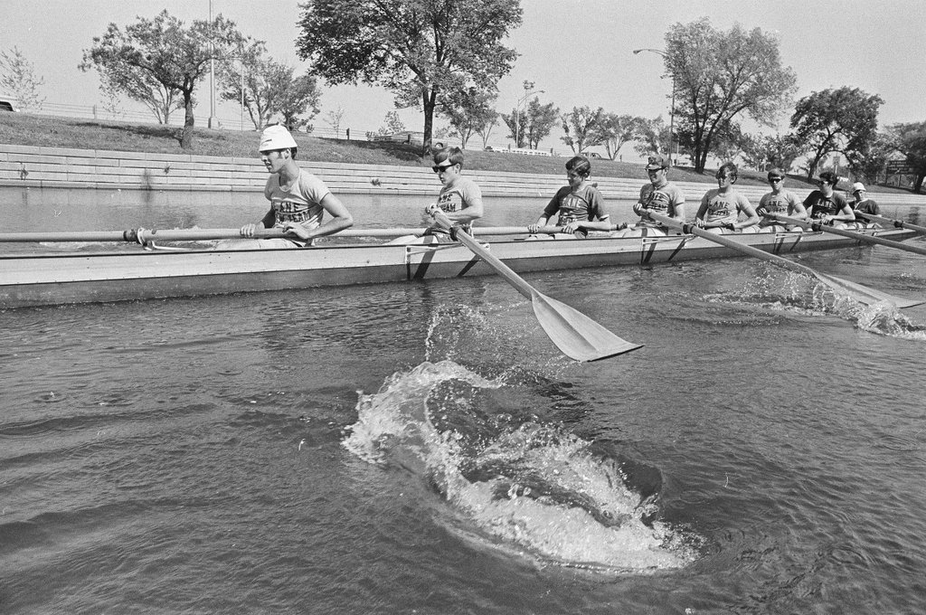 The Lane Tech rowing team practices in the Lincoln Park Lagoon - Bob Langer for Chicago Sun-Times