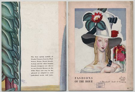 Whole cover (front and back) of 'Fashions of the Hour'- Spring number 1928- abstract painting of woman in hat with flowers - Marshall Field and Company
