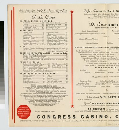 Page 2 of Congress Hotel menu 'Dining Through the Ages'