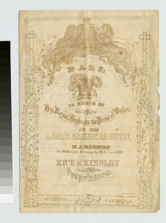 Front cover of bill of fare or menu for ball at the Anglo American Hotel