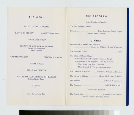 Interior of menu and program for Quinn Chapel Salutes Branch Rickey