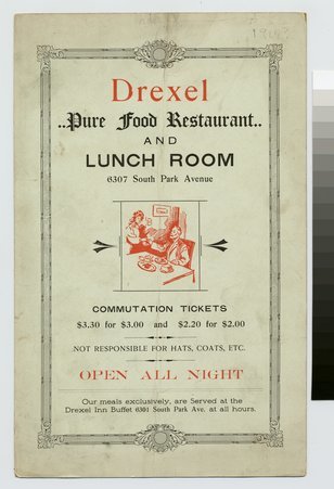 Front of Drexel Pure Food Restaurant and Lunch Room menu