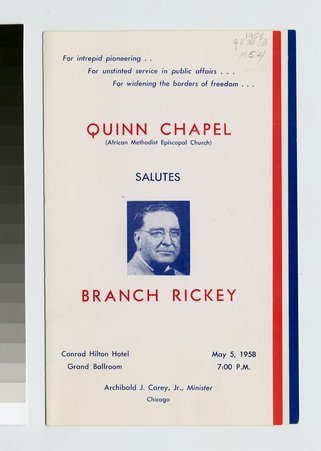 Front cover of menu and program for Quinn Chapel Salutes Branch Rickey