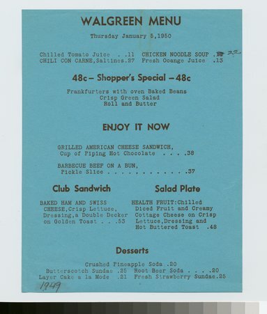 Front cover of Walgreen's menu