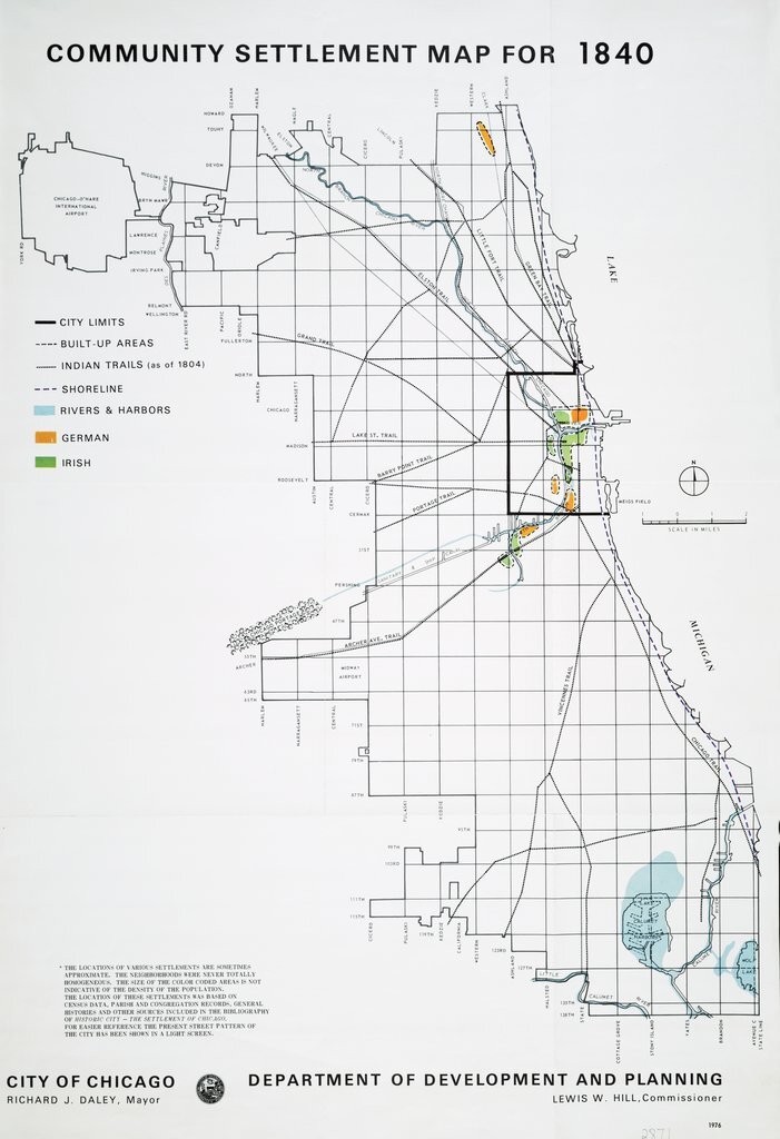 Community Settlement Map for 1840 produced by the City of Chicago Department of Development and Planning - City of Chicago Department of Development and Planning