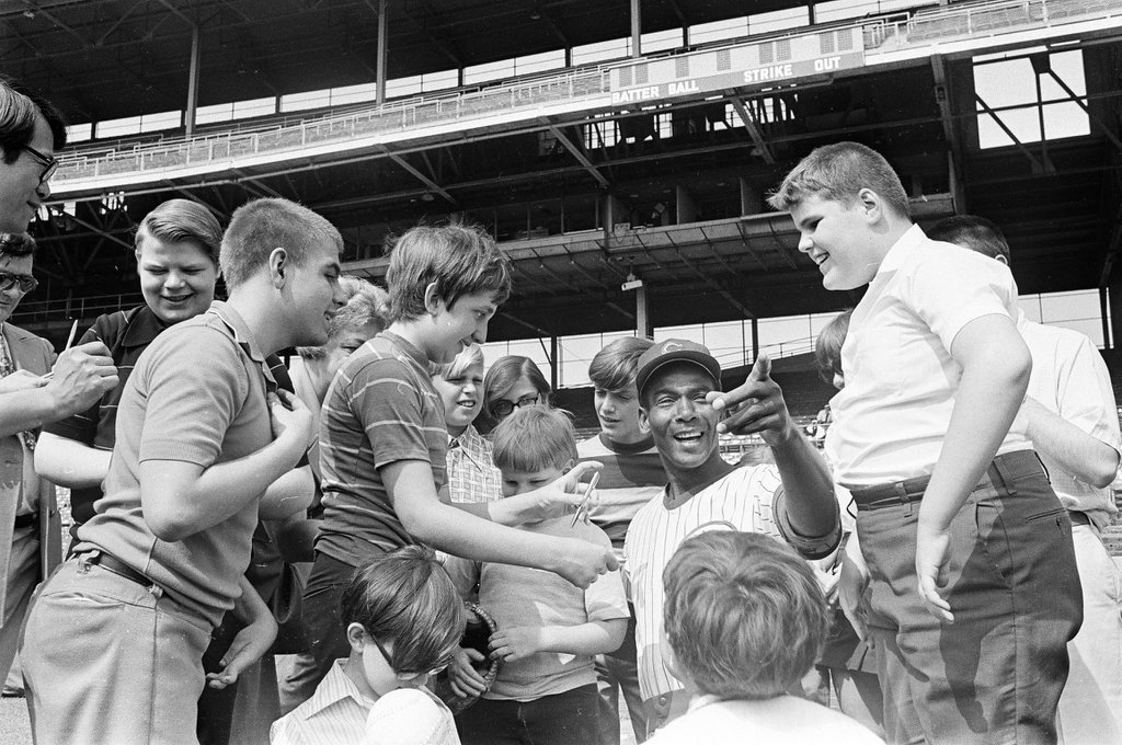 Chicago History Museum Images - Cubs player Ernie Banks and coach Leo  Durocher help blind students play baseball