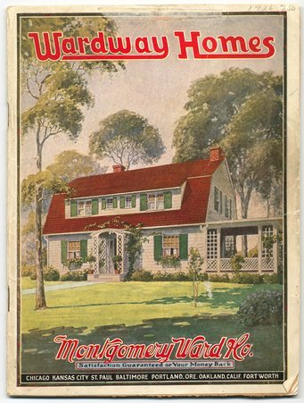 Exterior front cover of Wardway Homes catalog with painting of colonial house (with enclosed porch at right) - Montgomery Ward & Co.