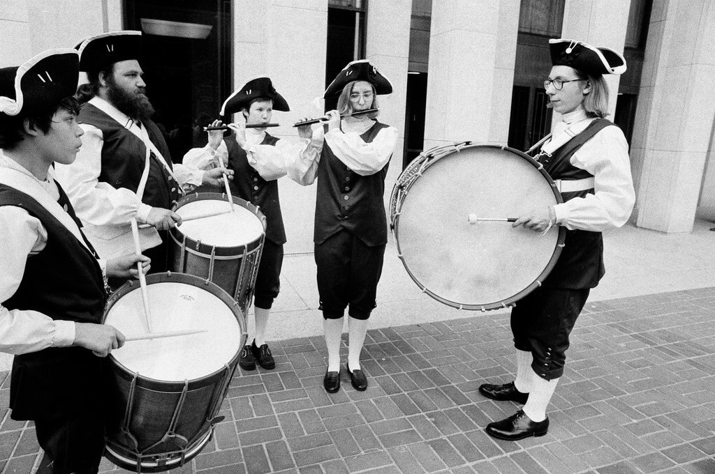 The Chicago Historical Society Fife and Drum Corps practices near the museum in preparation for a Fourth of July celebration - Chuck (Charles) Kirman for Chicago Sun-Times
