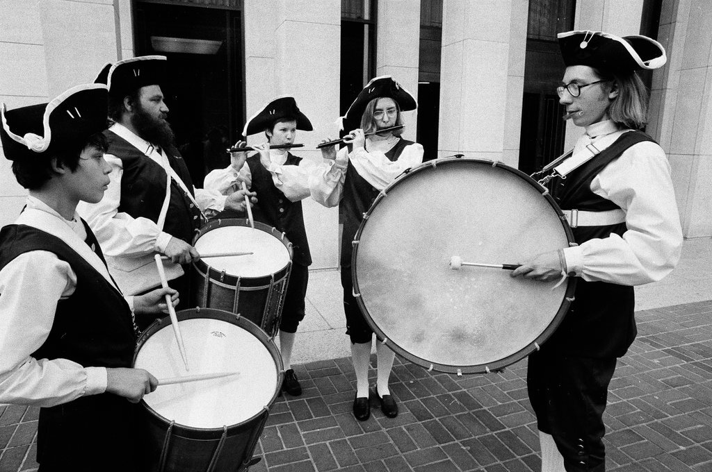 The Chicago Historical Society Fife and Drum Corps practices near the museum in preparation for a Fourth of July celebration - Chuck (Charles) Kirman for Chicago Sun-Times