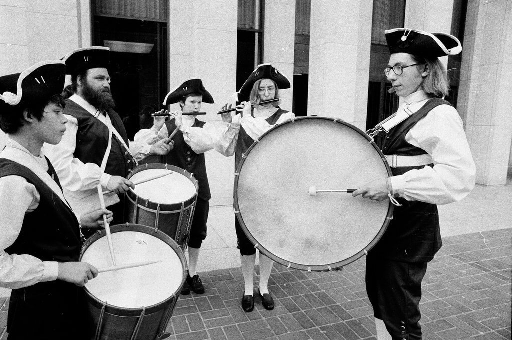 The Chicago Historical Society Fife and Drum Corps practices near the museum in preparation for a Fourth of July celebration - Chuck (Charles) Kirman for Chicago Sun-Times