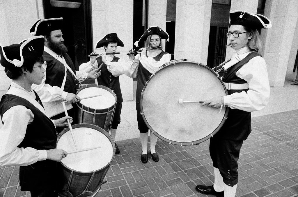 The Chicago Historical Society Fife and Drum Corps practices near the museum in preparation for a Fourth of July celebration - Chuck (Charles) Kirman for Chicago Sun-Times