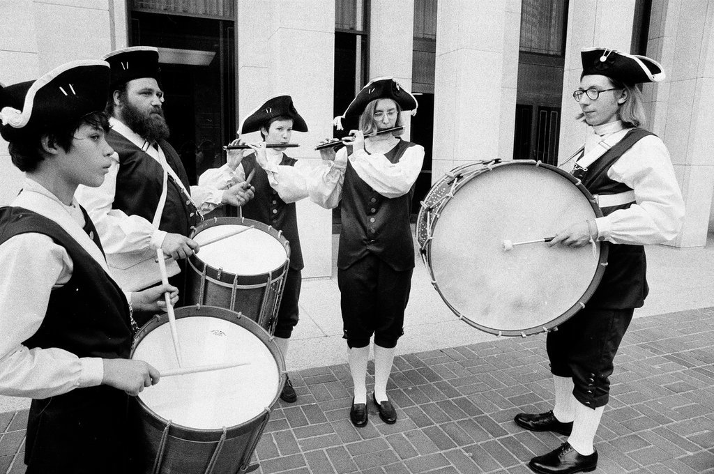 The Chicago Historical Society Fife and Drum Corps practices near the museum in preparation for a Fourth of July celebration - Chuck (Charles) Kirman for Chicago Sun-Times