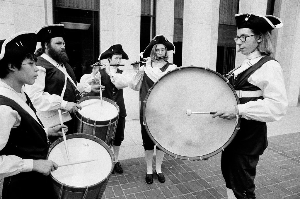 The Chicago Historical Society Fife and Drum Corps practices near the museum in preparation for a Fourth of July celebration - Chuck (Charles) Kirman for Chicago Sun-Times