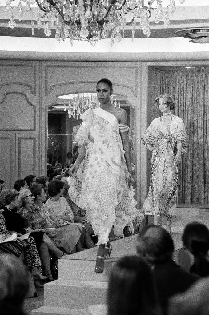 Zandra Rhodes in Fields fashion show - Peters (Clarence or Pete) for Chicago Sun-Times