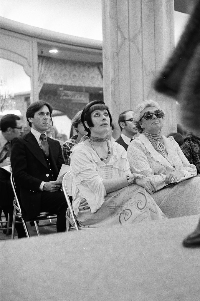 Zandra Rhodes in Fields fashion show - Peters (Clarence or Pete) for Chicago Sun-Times