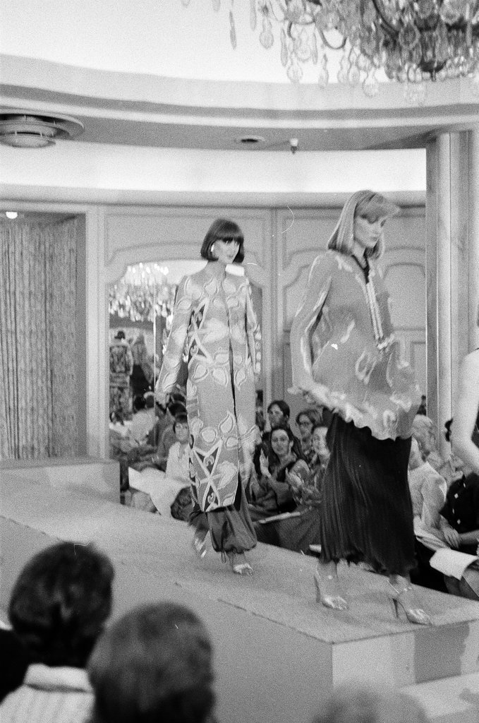 Zandra Rhodes in Fields fashion show - Peters (Clarence or Pete) for Chicago Sun-Times
